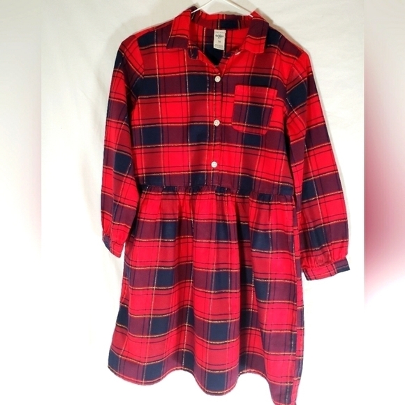 Oshkosh b'gosh Girl's Red And Black Dress with Golden Lining Button Down Sz 10 - Picture 2 of 6